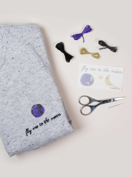 kit de broderie complet pour debutant, planète, Fly me to the moon, Britney pompadour